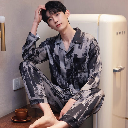 梦特娇（MONTAGUT）睡衣男士春秋款冰丝开衫长袖青少年薄款夏天印花可外穿家居服套装 xe双长6627#灰粽男 均码 l