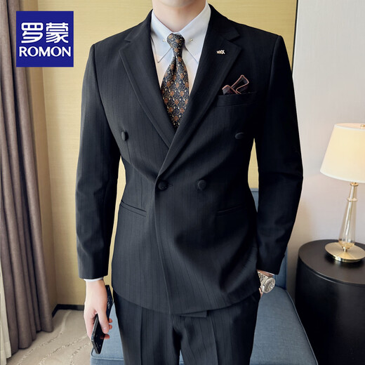 ROMON commuting simple business casual double-breasted suit suit groom Korean version men's slim suit formal dress men black suit + vest + pants 6XL /62 190-205Jin Jin equals 0.5 kg wear