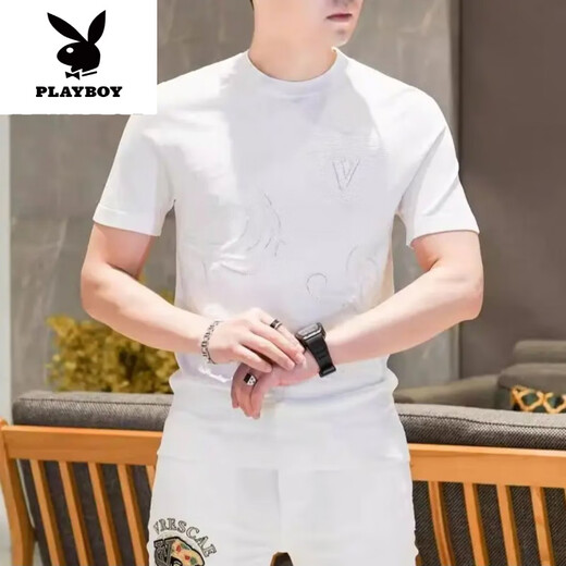 Playboy (PLAYBOY) gestricktes Eisleinen-Kurzarm-T-Shirt für Herren, neues Eisseiden-Mode-Halbarm-T-Shirt, lässige Qualität, neues Produkt 9902 Grün M 90-115Jin Jin entspricht 0,5 kg