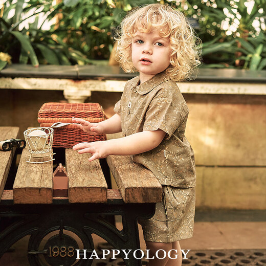 Happyology British children's new spring and summer boys' small lapel short-sleeved shirt girls' shirt shorts set Blueberry Pine Orchard-Blue and White (Shorts) 92 (92cm)