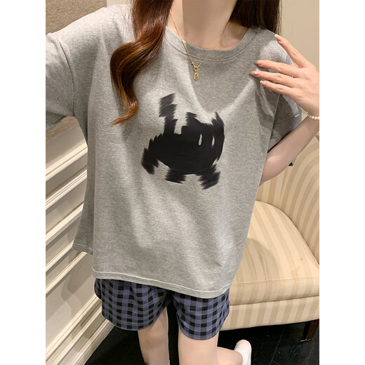 西忘日系可爱黄色格子卡通腊肠狗短袖睡衣女2025款夏季家居服两件套装 C719 模糊小猫 L