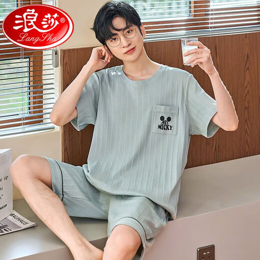 浪莎睡衣男夏季棉质短袖短裤青年学生家居服宽松大码薄款中年男士套装 H9928（短袖短裤） L （建议90-110斤）