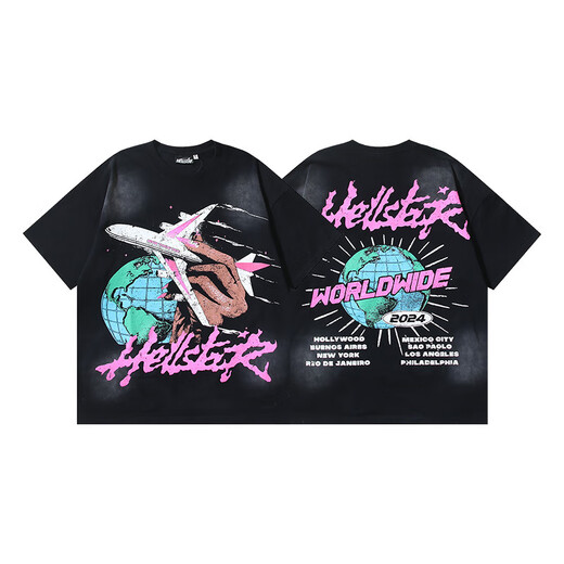 
Ziweiqi Meishi Hell Letter Print Couple Short Sleeve T-shirt Summer Loose Casual Style 691 Wash Black S