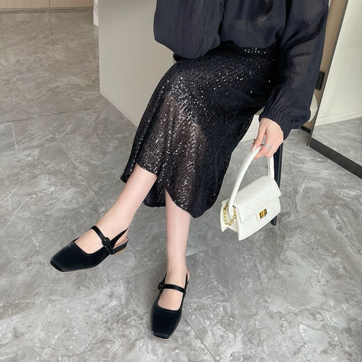 
S.SOFEA Korean style square head thick heel sandals for women 1283-16 black 35