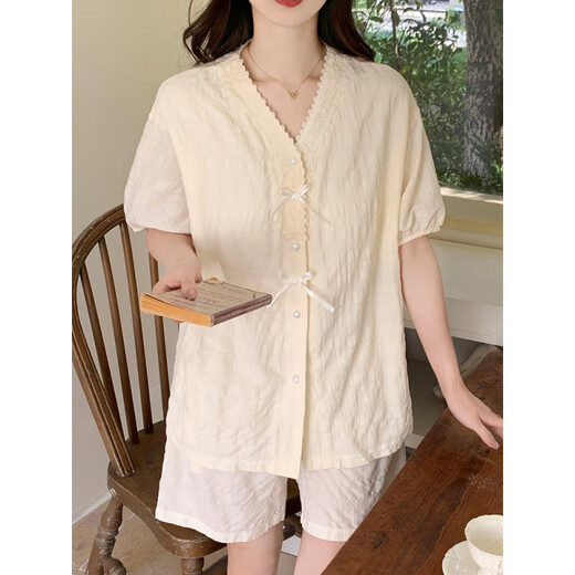 Calculat/Keen(CALCULAT/KEEN) CK2025 new style solid color short-sleeved pajamas for women in summer sweet and simple cardigan home clothing set 9225XI solid color lace apricot color [fixed chest pad] L