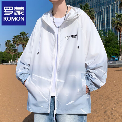 Ropa de protección solar con capucha de Romon para hombres 2025 Nuevo gradiente Ligera de verano Adolescente estudiante Estudiante Estudia de protección para solar ropa 6623 verde M alrededor de 90-100 Jin [Jin equivale a 0.5 kg] se puede usar