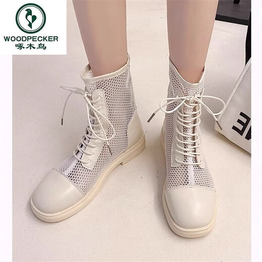 Woodpecker Martin boots summer thin women's 2025 new genuine leather breathable internet celebrity hollow mesh boots thick-soled sponge cake summer boots black 38