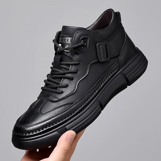 2025 Autumn New Men's Business Casual Leather Shoes Men's High-Top Shoes Plus Velvet Warm Cotton Shoes Lace-up Shoes Single Shoes Brown 43