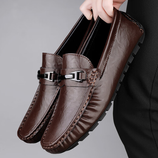 Light luxury brand beanie shoes for men in summer new men's genuine leather business British style casual leather shoes daddy driving shoes 9921 brown 40