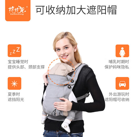 抱抱龙（BaoBaoLong）婴儿背带前抱式宝宝外出简易背巾新生儿童前后两用后背抱娃神器 透气款太空灰+围合式口水巾