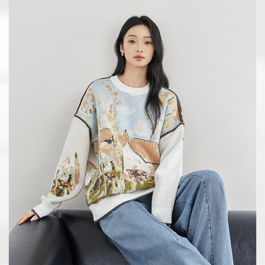 
Dialogue art paintings co-branded towel embroidered jacquard pullover sweater for women 2025 autumn loose lazy style sweater light blue landscape jacquard M