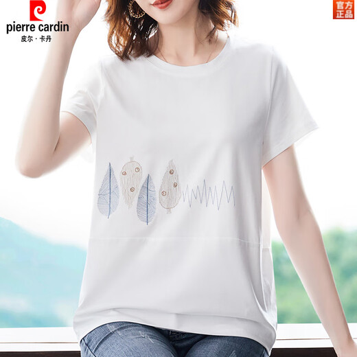 皮尔卡丹（pierre cardin）加肥加大码短袖t恤女士夏薄款棉宽松中年妈妈棉汗衫白色上衣 白色KSP-9896款 L 适合100-120斤