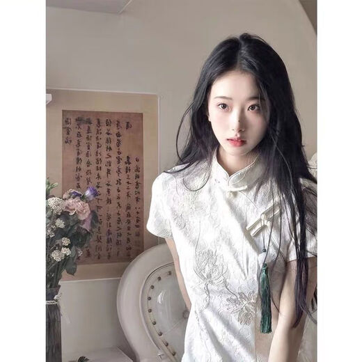Hualin mode modifié Cheongsam Summer Tempérament fille robe blanche Style chinois Daily 831 Green Mariffon S