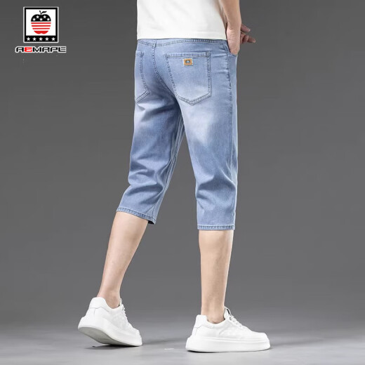 AEMAPE/美国苹果 天丝牛仔裤男2025夏季薄款宽松直筒休闲冰丝七分裤男 757冰砂蓝 30 【腰围2尺3适合120斤左右】