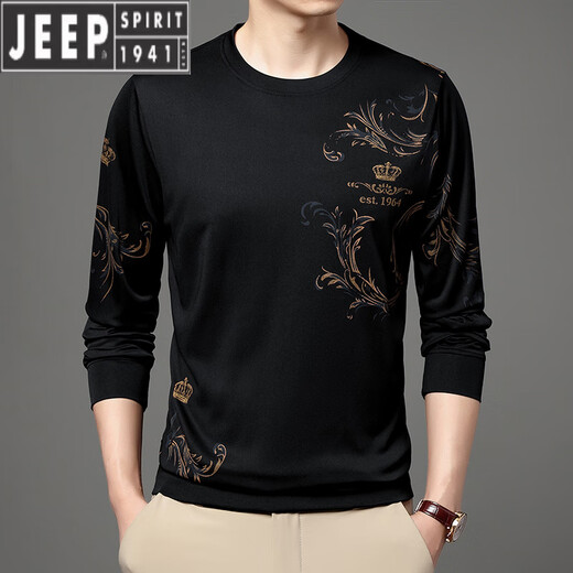 JEEP SPIRIT中青年男士夏季冰丝长袖t恤薄款圆领2023新款中年男打底衫体恤潮 B6627上青 M 165/105/48100-120斤