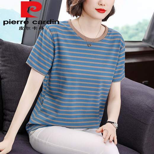 皮尔卡丹（pierre cardin）纯.棉条纹短袖T恤女中年妈m妈装夏季新款大尺码宽松遮肚显瘦洋气 653#短/袖【蓝棕色】今年流行的 M 建议80-100斤