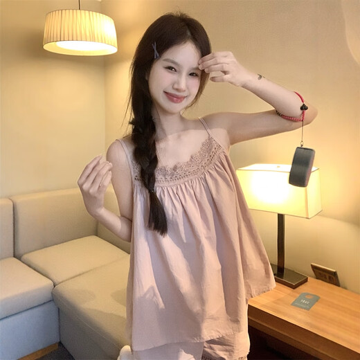 Yizhao Tianxia Korean version simple solid color suspender pajamas for women's summer 2025 new lace sleeveless home clothing set blue suspender shorts 6629 S