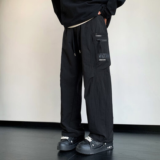 QLTQZQ Junior et Senior High School Students Long Pantalon Boys Spring and Automne Teenagers Lignes larges Sports droits et charge de loisirs K9855 Black M 80-100Jin [Jin est égal à 0,5 kg]