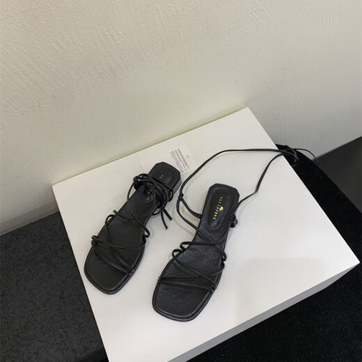 S.Sofea Nischen -Design -Gurte Römische Schuhe Fee Wind Open Toe Niedrige Fersen Sandalen für Frauen für Sommer x679 Schwarz 35