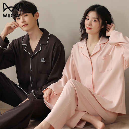 MiiOW new spring and autumn couple pajamas pure cotton men and women home casual long-sleeved cardigan can be worn outside home clothes suit male AM=female 34640-male 34643 XL male