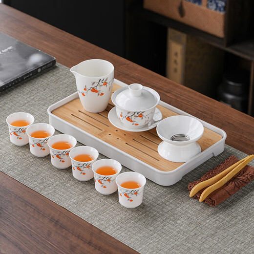 Mutton-fat Jade Porcelain 2025 New Tea Set Home Office Light Luxury High-end Landscape Painting Cover Bowl Tea Cup Gift Box 10-head Mutton-Fat Jade-Jinting Landscape Fragrance + Small Bamboo Plate