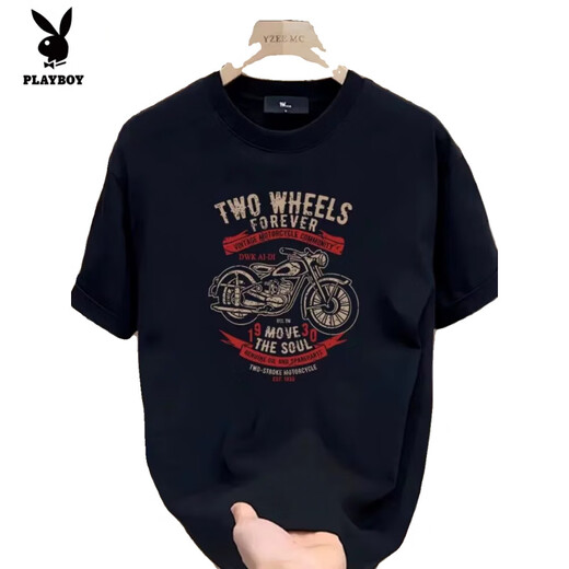 
Playboy (PLAYBOY) heavy fun short-sleeved T-shirt for men in summer pure cotton retro motorcycle printing front shoulder round neck half-sleeved T-shirt for men V683 black M