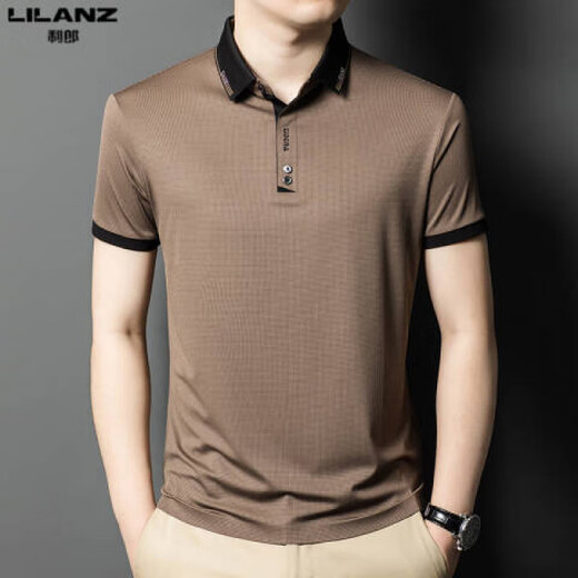 
Lilang 2025 new Lilang men's short-sleeved T-shirt summer ice silk lapel top middle-aged business casual POLO shirt brown 13573 M 165
