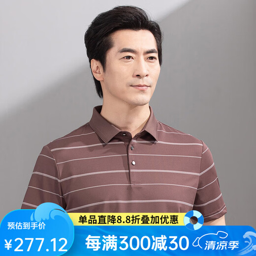 红都夏季新款男士短袖T恤商务休闲翻领簿款条纹微弹中年半袖t恤衫 咖色TA9226-2 XL (180/96A)