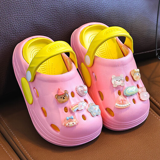 Eva Sommer neuer zweifarbiger süßer Cartoon Boy und Mädchen-Loch-Schuhe Nicht rutschfeste, kräftig-resistente atmungsaktive Heimlochschuhe rosa [Kristall] 32 Innere Länge 20 cm