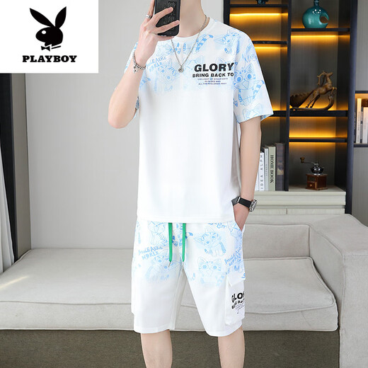 Playboy (Playboy) 2025 Summer Nuevo traje de manga corta para hombres ADOLVEENTES Versátiles Versátiles Sports informales Conjunto de dos piezas Color de gradiente Menora 6187 Azul M