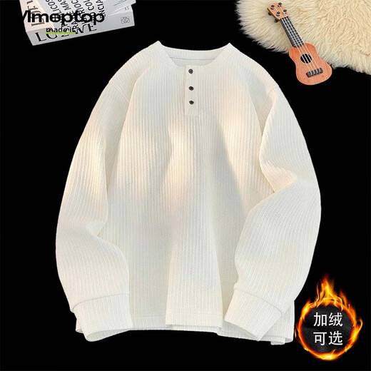 MMOPTOP American Henry collar long-sleeved T-shirt autumn and winter men's textured solid color bottoming shirt MTX20 white XL