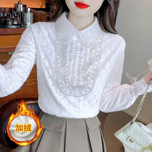 Luo Meng lace inner shirt for women 2025 new autumn and winter fashionable fashionable plus velvet bottoming doll collar long-sleeved top white regular L 105-120 Jin Jin is equal to 0.5 kg