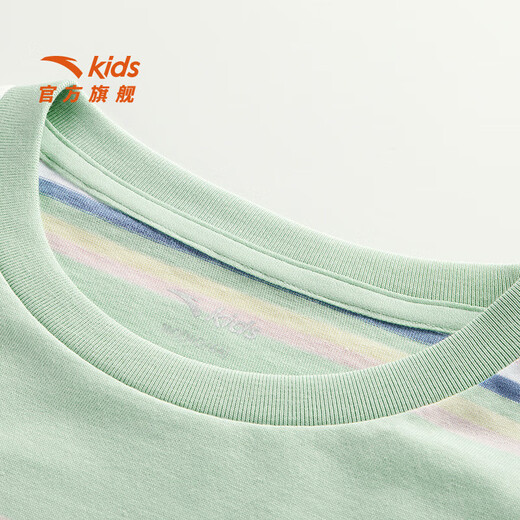 Anta children's T-shirt for girls and boys 25 years new summer style striped simple comfortable breathable student outdoor short-sleeved green/light yellow-1 140