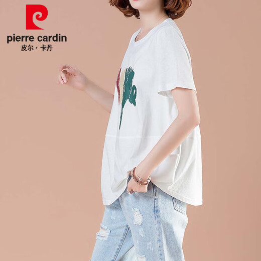 皮尔卡丹加大码夏季短袖t恤女装中年胖妈妈宽松简约遮肚显瘦薄款上衣 白色【9896款】棉95%氨纶5% L 100-115斤