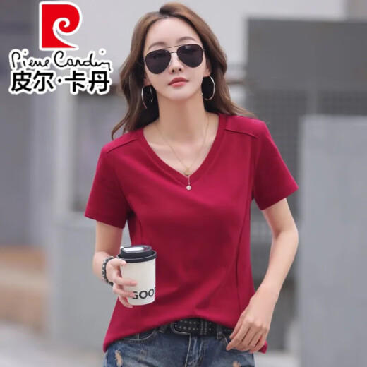 皮尔卡丹（pierre cardin）时尚休闲v领纯棉正肩短袖T恤女夏季韩版新款宽松黑色短袖薄款体恤 酒红色纯棉9855 S 85-95斤
