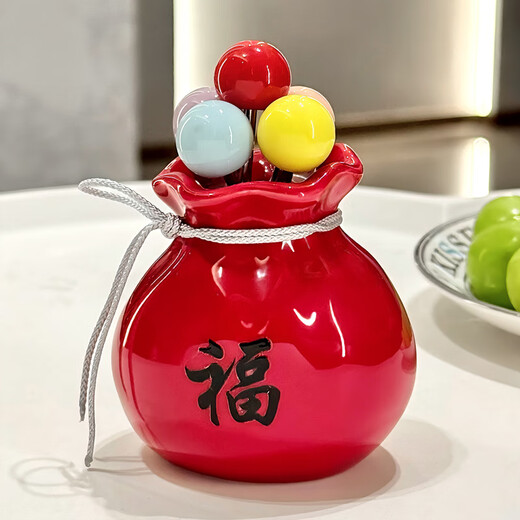 BSD fruit fork ceramic storage jar fruit fork dessert fork household fruit fork fruit pick cake fork creative ornaments ceramic lucky bag storage jar + fruit fork (red)