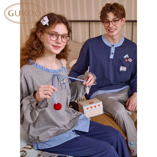 Gukoo Couple Pajamas Spring and Autumn Women's New Pajamas Disney Cotton Men's Home Clothes Set Can Be Weared Out C Denim Blue Couples Home Clothes L Women
