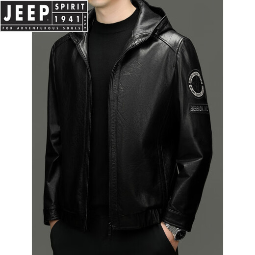 JEEP SPIRIT2025 spring and autumn first layer genuine cowhide hooded jacket motorcycle casual trendy leather jacket short oil wax embroidered model black M 170 suitable for 110-135 Jin Jin equals 0.5 kg