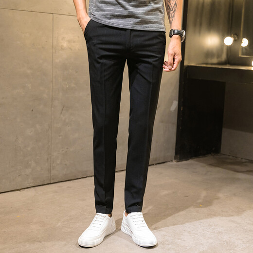 Jessons Casual Hosen Herren Sommer Dünne Eis Seidengeschnittene Hosen Schlanker kleiner Fuß kariertes Hosen Koreanischer Stil trendiger Herrenanzug Hosen K690 Schwarz (Crop Hosen) 32