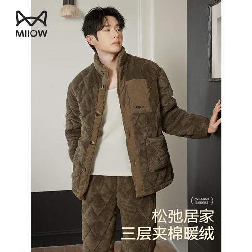 Catman plus velvet and thickened three-layer quilted men's pajamas men's winter warm stand-up collar cotton jacket can be worn outside 25 years new product