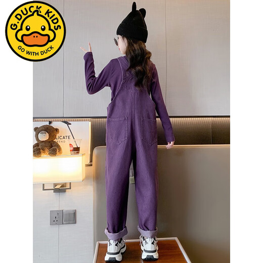G.DUCKKIDS Little Yellow Duck Girls' Overalls Set Dopamine Style Children's Clothes for Big Girls Purple Fashionable Long-Sleeved Pants Two-piece Set Purple Overalls 160 cm