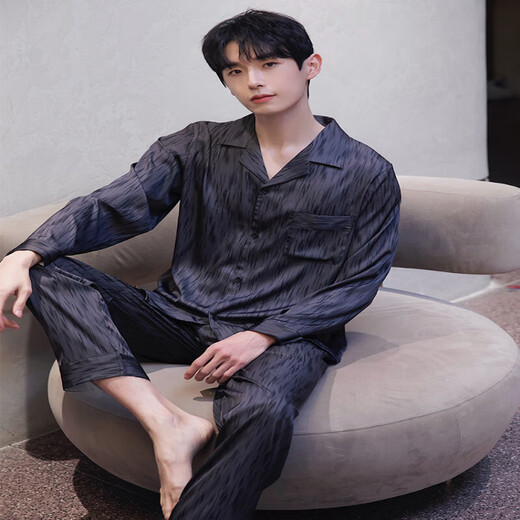 维多利亚的秘男款睡衣春秋款冰丝绸长袖长裤套装男士夏季2025新款感家居服 6627灰粽 L (100-125斤)