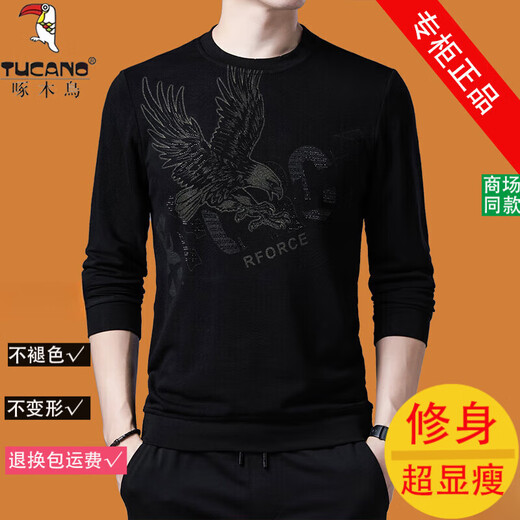 Woodpecker long-sleeved T-shirt men's Korean style crew neck top men's spring and autumn decoration tops T-shirt printed bottoming shirt winter 96863 black XL (175) 175, 130Jin Jin equals 0.5 kg -145Jin Jin equals 0.5 kg