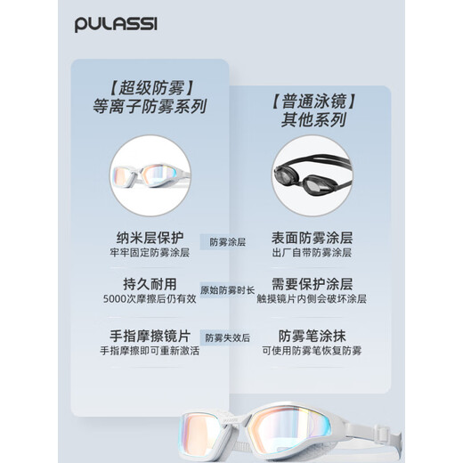 PULASSI official direct sales pulassi swimming goggles with high definition waterproof and anti-fog women's racing swimming goggles, swimming eyes, Aurora white + swimming cap + nose clip and earplugs, three pieces at a great value 85 500
