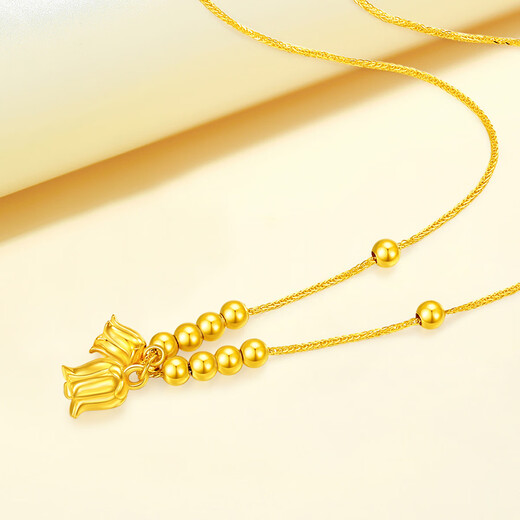Mengjinyuan 18K gold necklace with lily of the valley and small gold beads set chain with color gold AU750 as a birthday gift for girlfriend. Weighs about 1.55g. Chain length is about 45cm.