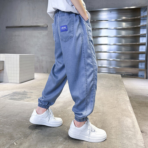 Pantalones de verano para niños Jeans delgados de tenis 2025 Summer Nuevos pantalones de mosquito de seda para niños repelentes al altura del altura delgada y transpirable Py-2575 Mosquito repelente de mezclito-Azul 140 Altura recomendada alrededor de 135 cm