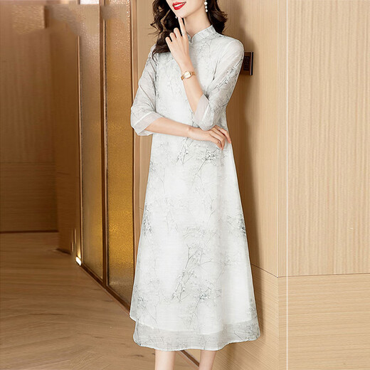 OLJ high-end brand dress for women 2025 summer new printed and modified cheongsam new Chinese style Zen Chinese style skirt gray L 90-115Jin [Jin equals 0.5 kg]