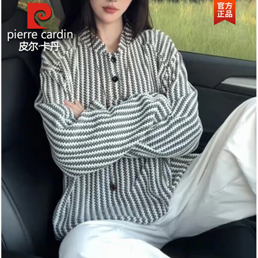 Pierre Cardin Little Fragrance Henley Collar Long Sleeve T-Shirt Men's Autumn American Heavyweight Herringbone Stripe Jacquard Knitted Polo Shirt Sweatshirt White Upgraded M