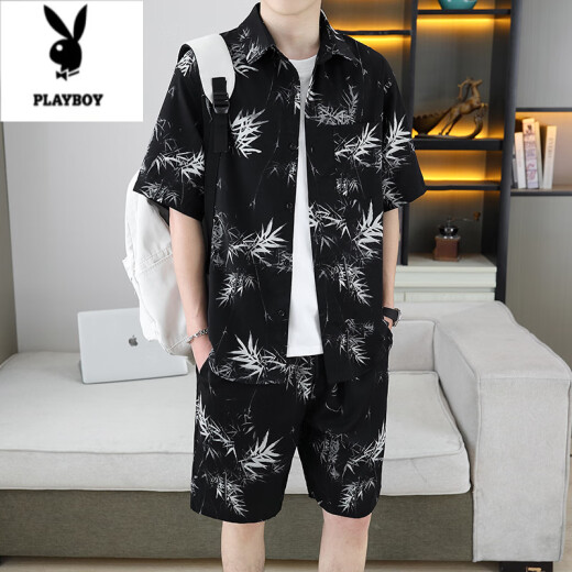 花花公子（PLAYBOY）痞帅衬衣一套男夏季冰丝套装感花衬衫短袖短裤沙滩两件套搭配 679白色套装 M 110斤以内