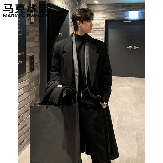 Mark Huafei Woolen Coat Men's Autumn and Winter New Korean Style High-Quality Medium-Length Shoulder-Pad Windbreaker Over-the-Knee Loose Woolen Coat Black (Cotton Style) L 132-150Jin Jin is equal to 0.5 kg